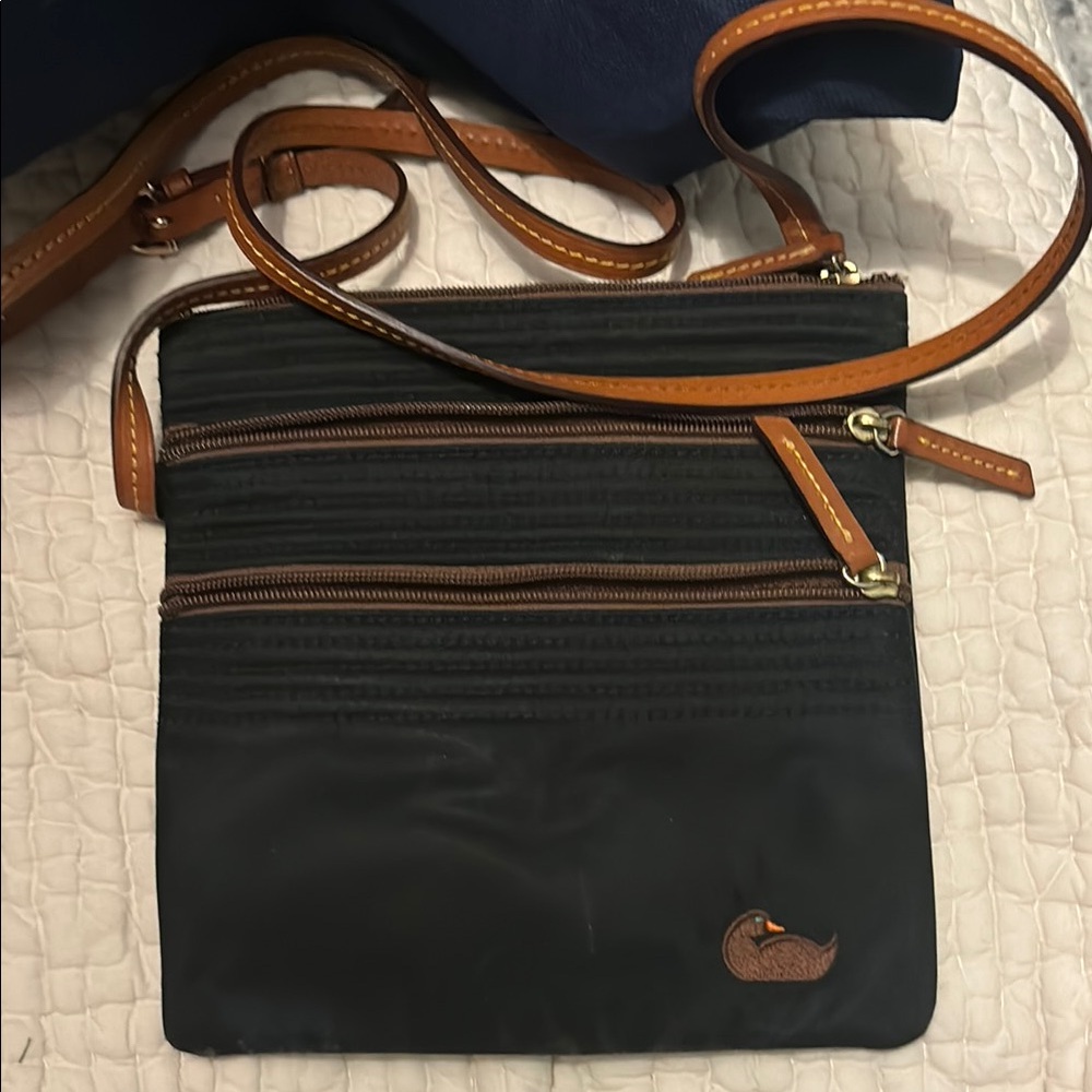 Black Nylon Crossbody Bag with Brown Accents